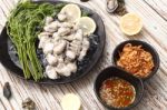 Oyster Seafood Lemon Fresh Asia Fried Shallots Sauce Thailand Stock Photo