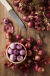 Shallots Still Life Wood Background Stock Photo