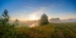 Summer Misty Sunrise On The River. Foggy River In The Morning. P Stock Photo