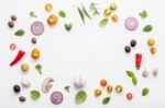 Various Fresh Vegetables And Herbs On White Background.ingredien Stock Photo