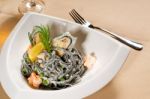 Seafood Black Spaghetti Stock Photo