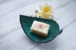 Herble Soap Bar In Leaf Shape Soap Dish Stock Photo