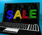 Sale Message On Laptop Shows Online Discounts Stock Photo