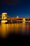 Danube Bridge Budapest At Night Stock Photo