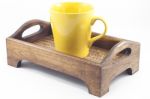 Yellow Mug On Wooden Tray Isolated On White Background Stock Photo