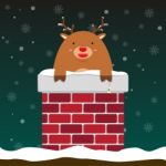 Cute Fat Big Reindeer Come Out Of Chimney Stock Photo