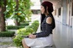 Portrait Of Thai Student Teen Beautiful Girl Relax And Smile Stock Photo