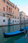 Venice Italy Gondolas On Canal Stock Photo