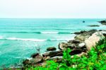 The View Of The Sand Beach And Sea Wave On The Afternoon Stock Photo