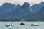 Yachts Moored In Lake Wolfgang At St. Gilgen Stock Photo