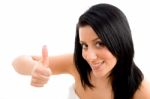 Top View Of Woman Showing Thumb Up On An Isolated Background Stock Photo