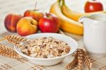 Bowl Of Muesli For Breakfast With Fruits Stock Photo