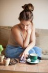 Young Woman In Caffe Stock Photo