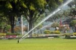 Sprinkler Was In The Lawn Water Injection Stock Photo