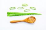 Aloe Vera Fresh Leaves With Aloe Vera Gel On Wooden Spoon Stock Photo