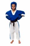 Smilng Karate Kid Ready To Fight Out Stock Photo