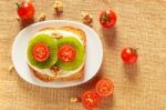 Toast With Kiwi, Cheese And Cherry Tomato Stock Photo