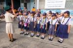 Student 9-10 Years Old, Scout Assembly, Scout Camp In Bangkok Thailand Stock Photo