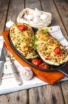 Aubergine Stuffed With Vegetables And Cheese Stock Photo