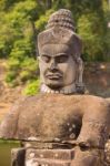 Statue Of Ancient Khmer Warrior Head At Angkor Wat Stock Photo