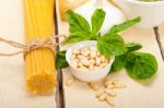 Italian Traditional Basil Pesto Pasta Ingredients Stock Photo