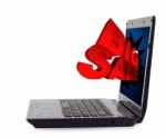 3D Big Sale Through Laptop Stock Photo