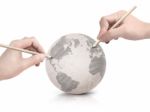 Two Hand Shade Drawing America Map On Paper Ball Stock Photo