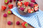 Bran Flakes With Fresh Raspberries And Strawberries Stock Photo