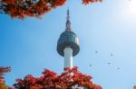 Seoul Tower And Red Autumn Maple Leaves At Namsan Mountain In South Korea Stock Photo