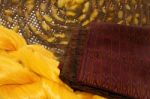 Thai Silk Cloths And Raw Silk Threads Material Stock Photo