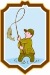 Fly Fisherman Fish On Reel Shield Cartoon Stock Photo