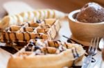 Belgian Waffles With Fruit And Chocolate, Forest Fruit, All Home Stock Photo