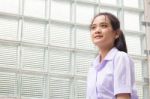 Portrait Of Thai High School Student Uniform Teen Beautiful Girl Happy And Relax, Stock Photo