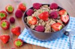 Bran Flakes With Fresh Raspberries And Strawberries Stock Photo