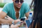 Portrait Of Group Friends Having Fun With Smartphones Stock Photo