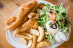 Gourmet Fish And Chips With Salad Stock Photo