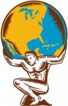 Atlas Lifting Globe Kneeling Woodcut Stock Photo