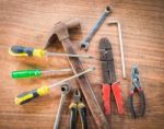 Old & Grunge Set Of Hand Tools Many On Wood Floor Background Stock Photo