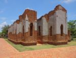 Ruin Ancient Brick Church In History Park Stock Photo