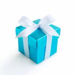 Blue Gift Box With White Ribbon Stock Photo