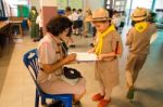 Student 9-10 Years Old, Scouts Work Together, Scout Camp In Pieamsuwan School Bangkok Thailand Stock Photo