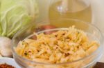 Handmade Preparation Of Sauerkraut And Cabbage Kimchi Stock Photo