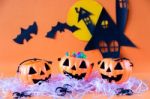 Halloween Jack O Lantern Bucket With Haunted House Castle Stock Photo