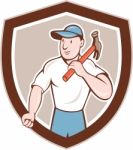 Builder Carpenter Holding Hammer Shield Cartoon Stock Photo