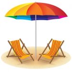 Beach Umbrella And Chair. Seashore With Beach Umbrella And Chair Stock Photo