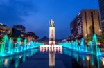 Seoul, South Korea - April 30, 2016:beautifully Color Water Fountain At Gwanghwamun Plaza With The Statue Of The Admiral Yi Sun-sin In Downtown.photo Taken On April 30,2016 In Seoul,south Korea Stock Photo