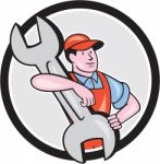 Mechanic Carry Spanner Wrench Circle Cartoon Stock Photo