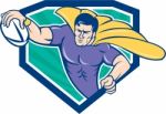 Superhero Rugby Player Scoring Try Crest Stock Photo