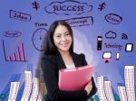 Asian Woman Smiling On Business Background Stock Photo