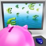 Euro Symbols Drowning On Monitor Shows European Depression Stock Photo